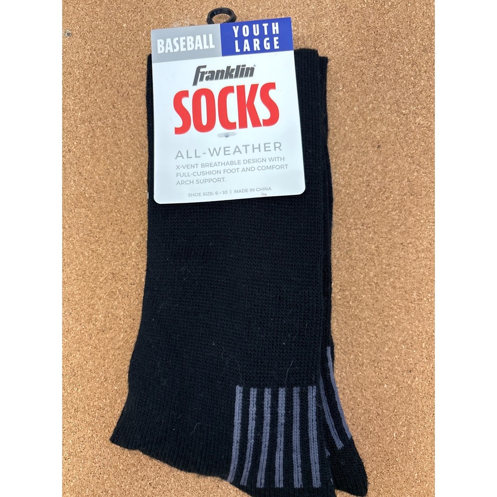 Franklin Baseball Socks Youth Large All Weather Black Shoe Size 6-10